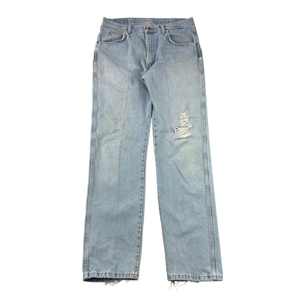 Wrangler Jeans Mens 34x34 Light Wash Distressed Straight Leg Denim Retro Work